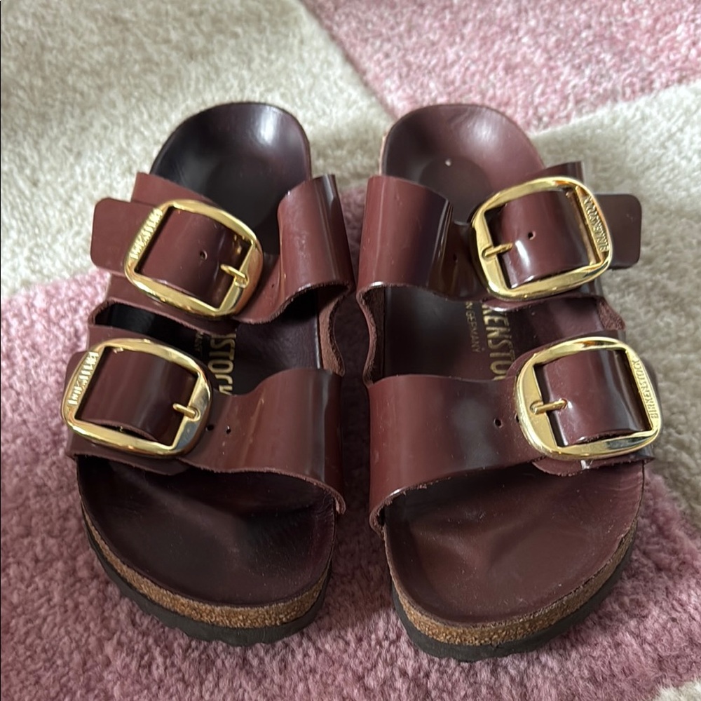 Birkenstock High Shine Chocolate Arizona Sandals with Gold Buckles
